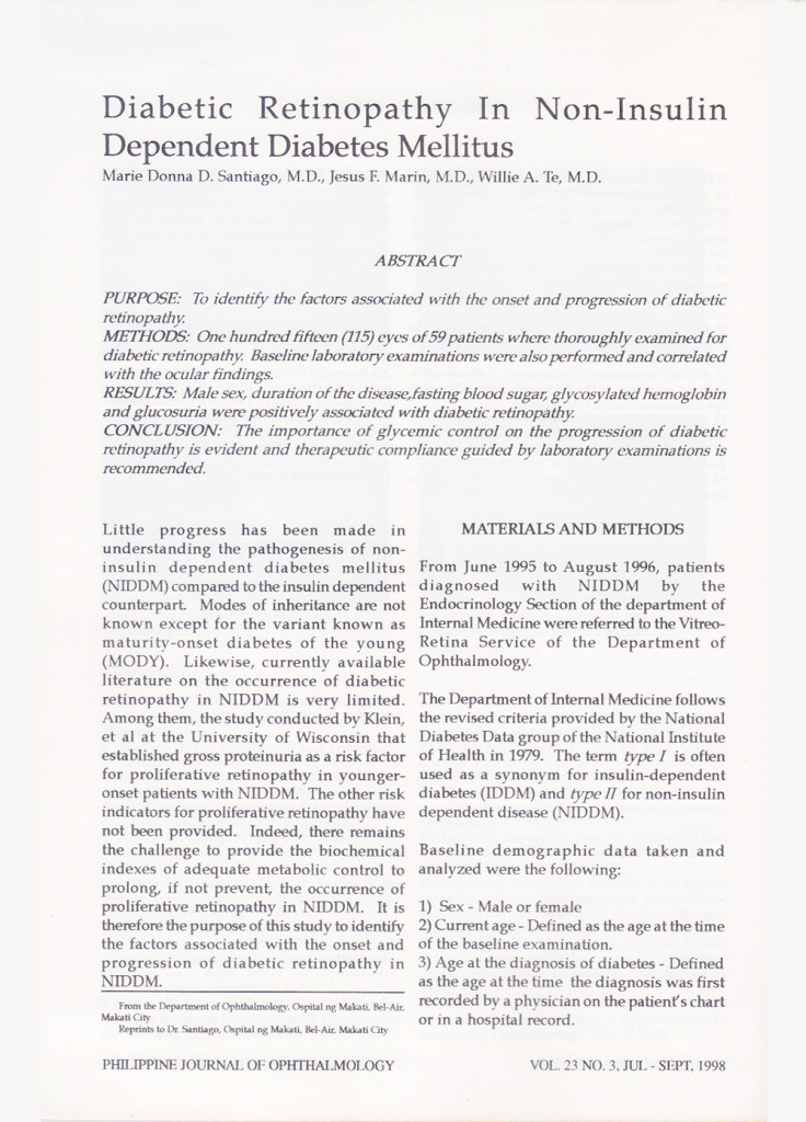 Diabetic Retinopathy in Non-Insulin Dependent Diabetes Mellitus ...